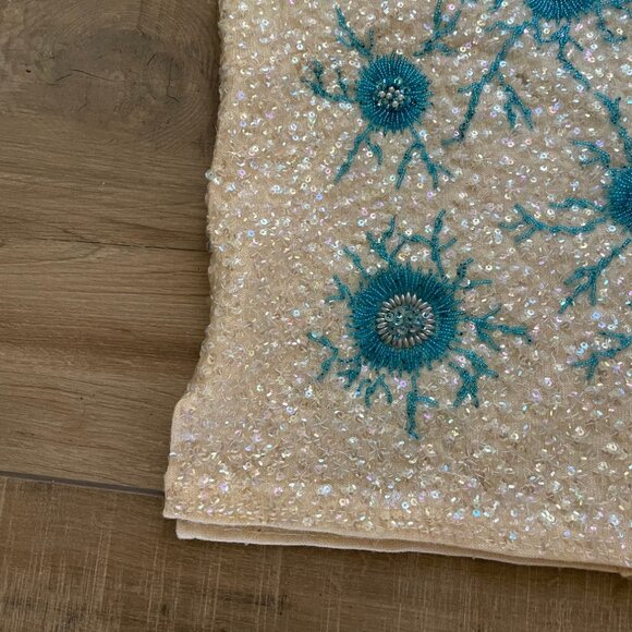 Vintage Beaded Sequin Top Womens Large Cream Blue Ocean Cell 60s Mad Men Mermaid - Picture 3 of 15